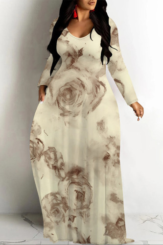 Apricot Elegant Floral Print Pocket Contrast V Neck Printed Dresses