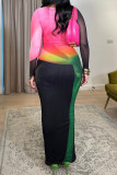 Pink Casual Print Patchwork Contrast O Neck Long Dresses