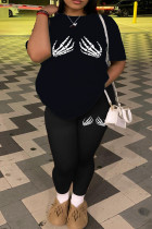 Black Casual Street Letter Print O Neck Plus Size Two Pieces