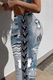 Blue Coffee Casual Street Faux Denim Print Contrast Skinny High Waist Full Print Bottoms