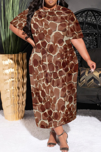 Brown Casual Geometric Print Stripe Gradient O Neck Printed Plus Size Dresses