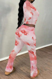 Apricot Casual Street Floral Print Tie Dye Contrast O Neck Long Sleeve Two Pieces