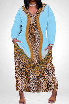 Light Blue Casual Snakeskin Print Leopard Pocket Contrast V Neck Printed Plus Size Dresses