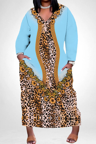 Light Blue Casual Snakeskin Print Leopard Pocket Contrast V Neck Printed Plus Size Dresses