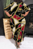 Black Red Casual Chain print Pocket Contrast O Neck Printed Plus Size Dresses