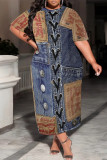 Medium Blue Casual Street Faux Denim Print Pocket O Neck Printed Plus Size Dresses
