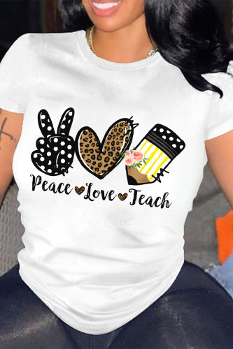 White Casual Graffiti Print Letters O Neck Plus Size Tops