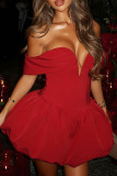 Red Sexy Solid Color Patchwork Backless Off Shoulder Ball Gown Dresses