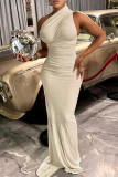 Apricot Casual Solid Color Patchwork Oblique Collar Long Dresses