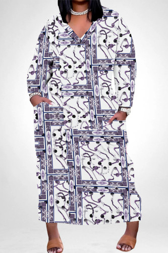 White Casual Snakeskin Print Leopard Pocket Contrast V Neck Printed Plus Size Dresses