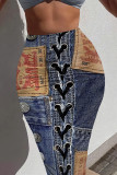Blue Coffee Casual Street Faux Denim Print Contrast Skinny High Waist Full Print Bottoms
