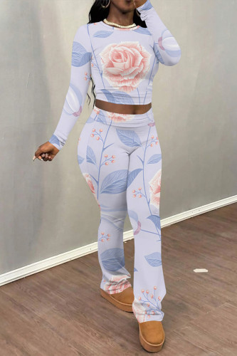 Light Purple Casual Street Floral Print Contrast O Neck Long Sleeve Two Pieces