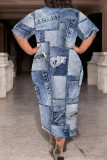 Medium Blue Casual Street Faux Denim Print Pocket O Neck Printed Plus Size Dresses