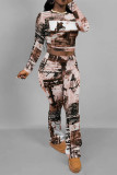White Grey Casual Street Tie Dye Letters Chain print Contrast O Neck Long Sleeve Two Pieces