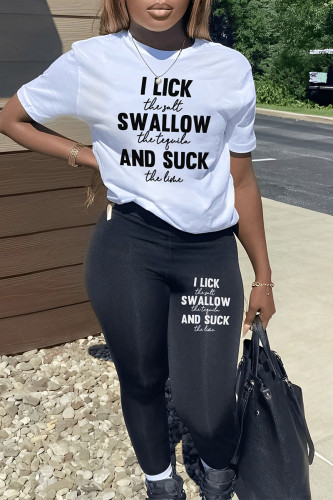 White Casual Sportswear Letter Print Contrast O Neck Plus Size Two Pieces