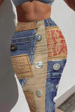 Blue Coffee Casual Street Faux Denim Print Contrast Skinny High Waist Full Print Bottoms
