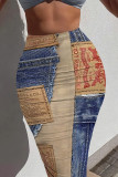 Blue Coffee Casual Street Faux Denim Print Contrast Skinny High Waist Full Print Bottoms