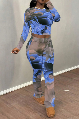 Blue Casual Street Tie Dye Letters Chain print Contrast O Neck Long Sleeve Two Pieces