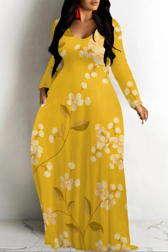 Yellow Elegant Floral Print Tie Dye Pocket Contrast V Neck Printed Dresses