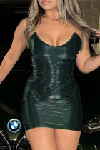 Dark Green Sexy Solid Color Patchwork Backless Strapless Two Pieces