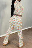 Apricot Casual Street Floral Print Tie Dye Contrast O Neck Long Sleeve Two Pieces