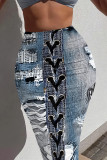 Blue Coffee Casual Street Faux Denim Print Contrast Skinny High Waist Full Print Bottoms