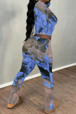 White Grey Casual Street Tie Dye Letters Chain print Contrast O Neck Long Sleeve Two Pieces