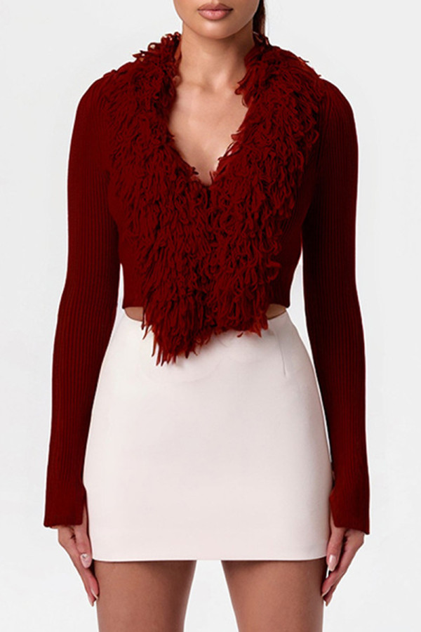 Burgundy Casual Solid Color Fringed Trim Patchwork V Neck Tops