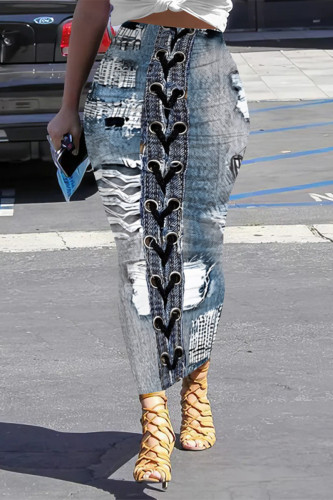 Medium Blue Casual Street Faux Denim Print Contrast Skinny High Waist Full Print Bottoms