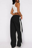 Black Casual Draw String Patchwork Contrast Loose Mid Waist Conventional Patchwork Bottoms