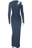 Black Casual Solid Color Hollow Out Patchwork Asymmetrical Collar Long Dresses