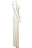 Apricot Casual Solid Color Patchwork Oblique Collar Long Dresses