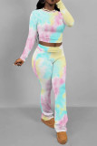 White Grey Casual Street Tie Dye Letters Chain print Contrast O Neck Long Sleeve Two Pieces