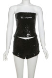 Black Sexy Solid Color Sequins Patchwork Backless Strapless Two Pieces