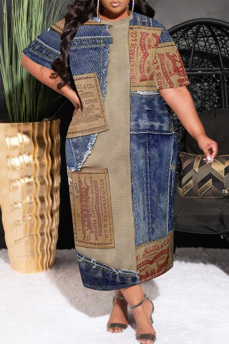 Blue Coffee Casual Street Faux Denim Print Pocket O Neck Printed Plus Size Dresses
