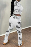 White Grey Casual Street Tie Dye Letters Chain print Contrast O Neck Long Sleeve Two Pieces