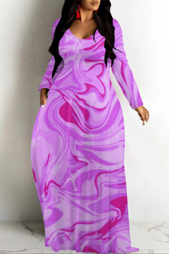Purple Elegant Floral Print Pocket Contrast V Neck Printed Dresses