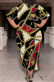 Black Red Casual Chain print Pocket Contrast O Neck Printed Plus Size Dresses