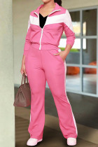 Pink Casual Pocket Patchwork Zipper Contrast Zipper Collar Long Sleeve Two Pieces