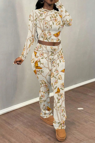 Apricot Casual Street Floral Print Tie Dye Contrast O Neck Long Sleeve Two Pieces