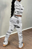White Grey Casual Street Tie Dye Letters Chain print Contrast O Neck Long Sleeve Two Pieces