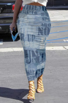 Blue Casual Street Stripe Letters Faux Denim Print Contrast Skinny High Waist Full Print Bottoms