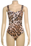 Leopard Print Sexy Leopard Print Patchwork Backless Spaghetti Strap Skinny Bodysuits