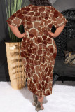 Brown Casual Geometric Print Stripe Gradient O Neck Printed Plus Size Dresses