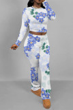 White Red Casual Street Floral Print Contrast O Neck Long Sleeve Two Pieces