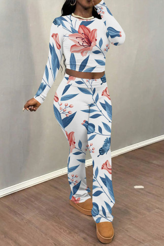 White Red Casual Street Floral Print Contrast O Neck Long Sleeve Two Pieces