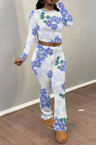 White Blue Casual Street Floral Print Contrast O Neck Long Sleeve Two Pieces