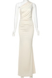 Apricot Casual Solid Color Patchwork Oblique Collar Long Dresses