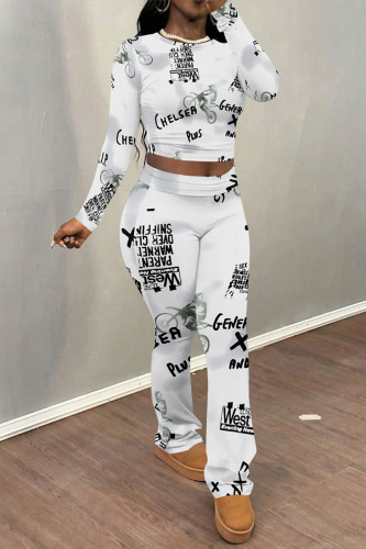 White Grey Casual Street Tie Dye Letters Chain print Contrast O Neck Long Sleeve Two Pieces