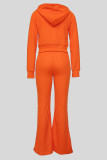 Orange Casual Solid Color Draw String Pocket Patchwork Zipper Hooded Long Sleeve Two Pieces